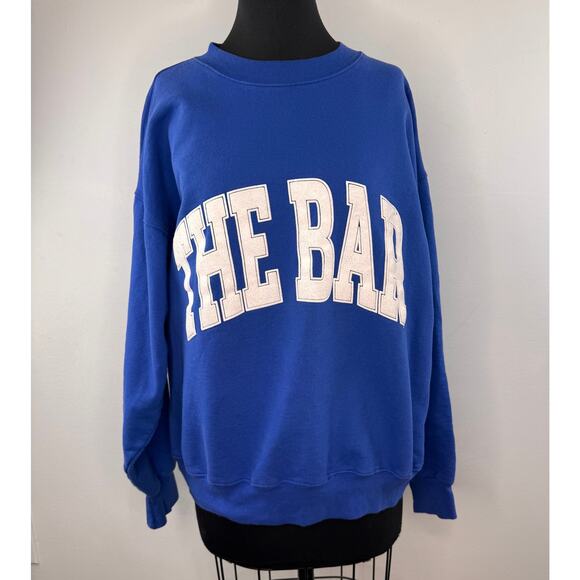 The Bar Blue Varsity Sweatshirt Fleece Crew Neck Drop Shoulder Pullover L Large - Picture 1 of 7